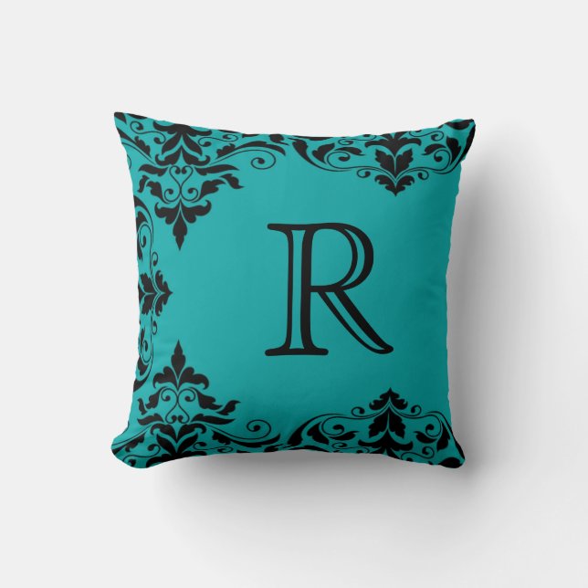 Blauwgroen en zwarte Damask Pillow Kussen (Voorkant)
