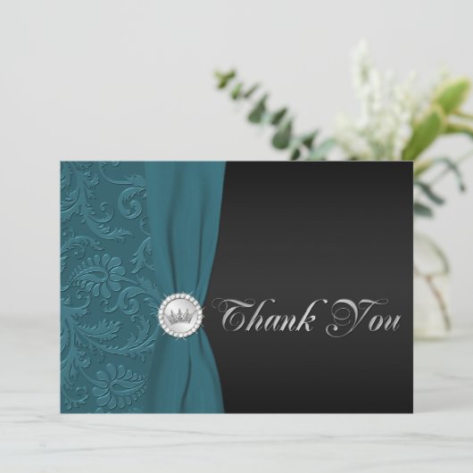 Blauwgroen en zwarte Damask Quinceanera Hartelijk  Bedankkaart (Staand voorkant)