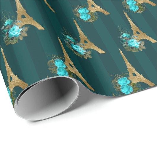 Blauwgroen en zwarte Eiffeltoren Parijs Cadeaupapier (Rol Hoek)