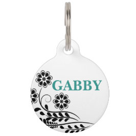 Blauwgroen en zwarte Floral Round Pet Tag Huisdierpenning