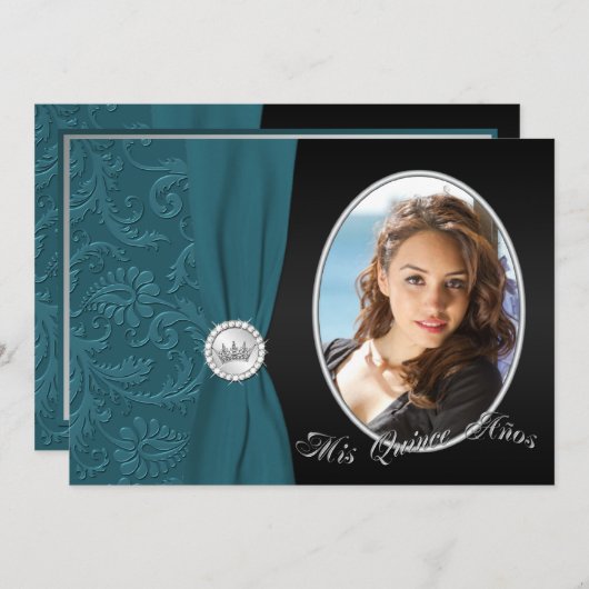 Blauwgroen en zwarte fotouitnodiging voor Quincean Kaart (Voorkant / Achterkant)