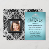 Blauwgroen en zwarte Glitter Damask Photo Sweet 16 Kaart (Voorkant / Achterkant)