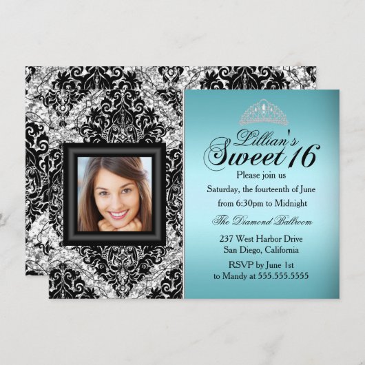 Blauwgroen en zwarte Glitter Damask Photo Sweet 16 Kaart (Voorkant / Achterkant)