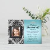 Blauwgroen en zwarte Glitter Damask Photo Sweet 16 Kaart (Staand voorkant)