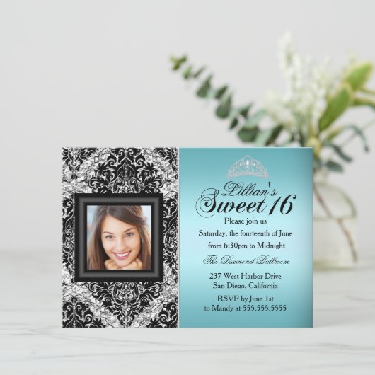 Blauwgroen en zwarte Glitter Damask Photo Sweet 16 Kaart (Staand voorkant)