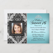 Blauwgroen en zwarte Glitter Damask Photo Sweet 16 Kaart (Voorkant)