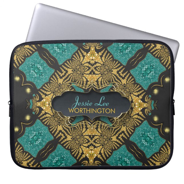 Blauwgroen en zwarte gouden Arabische laptop Sleeve (Voorkant)