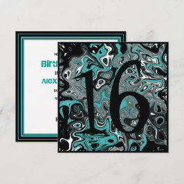 Blauwgroen en zwarte grunge 16th Birthday Kaart