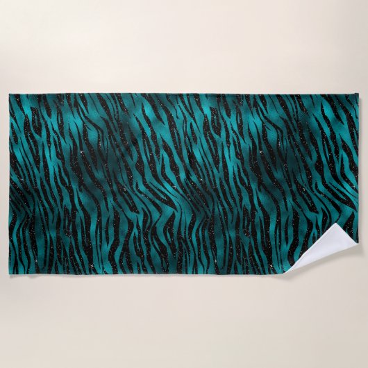 Blauwgroen en zwarte Ombre Glam Glitter Tiger Stri Strandlaken (Voorkant)