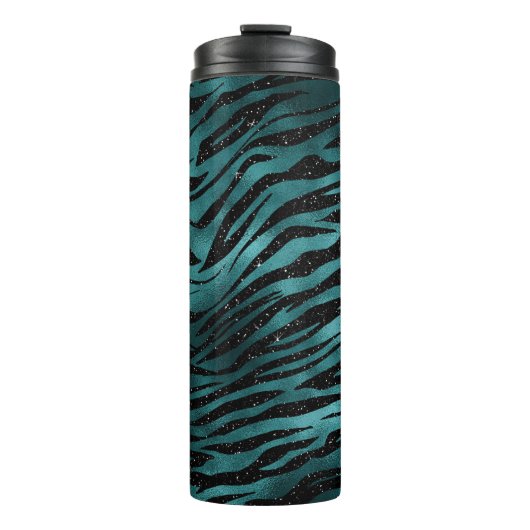 Blauwgroen en zwarte Ombre Glam Glitter Tiger Stri Thermosbeker (Voorkant)