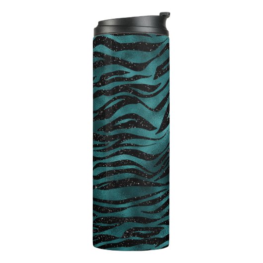 Blauwgroen en zwarte Ombre Glam Glitter Tiger Stri Thermosbeker (Gedraaid links)