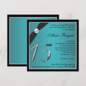 Blauwgroen en zwarte uitnodiging voor Quinceanera (Voorkant / Achterkant)