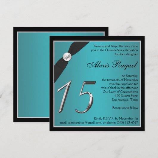 Blauwgroen en zwarte uitnodiging voor Quinceanera (Voorkant / Achterkant)