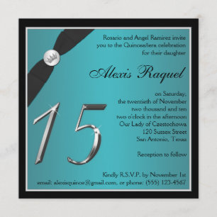 Blauwgroen en zwarte uitnodiging voor Quinceanera
