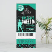 Blauwgroen en zwarte VIP Sweet 16 Ticket Party Kaart (Staand voorkant)