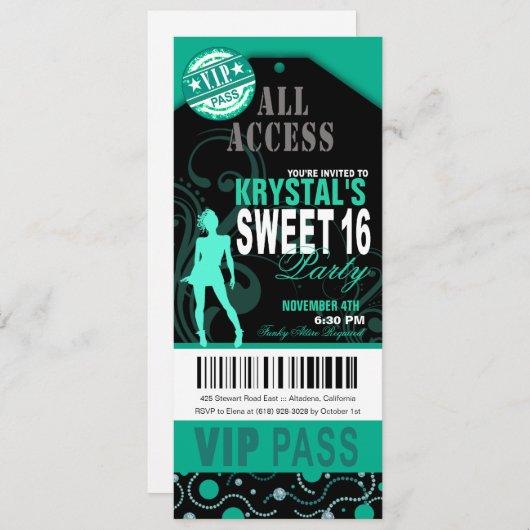 Blauwgroen en zwarte VIP Sweet 16 Ticket Party Kaart (Voorkant / Achterkant)