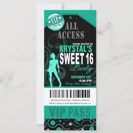Blauwgroen en zwarte VIP Sweet 16 Ticket Party Kaart (Voorkant)
