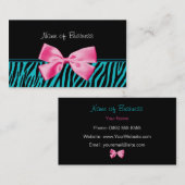 Blauwgroen en zwarte zebra Print Girly Pink Bow Visitekaartje (Voorkant / Achterkant)