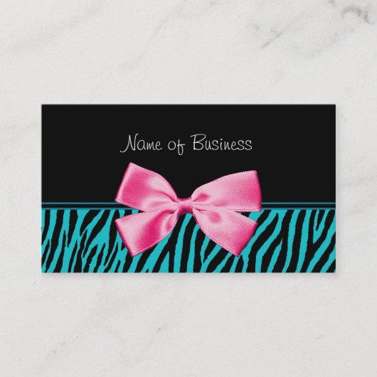 Blauwgroen en zwarte zebra Print Girly Pink Bow Visitekaartje (Voorkant)