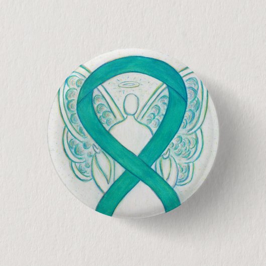 Blauwgroen engel-bewustmakingsribbon aangepaste la ronde button 3,2 cm (Voorkant)