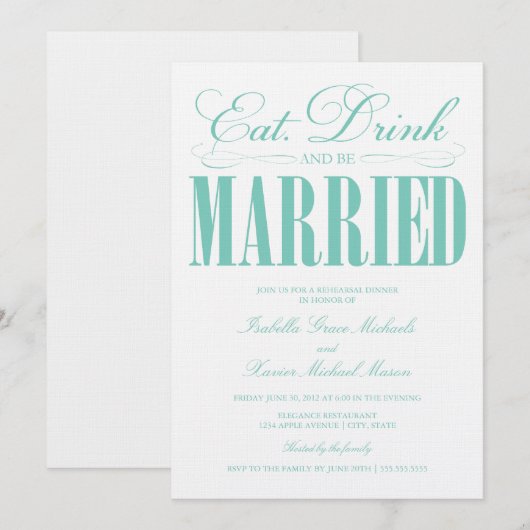 Blauwgroen Eten, Drink & Trouwen | repetitie diner Kaart (Voorkant / Achterkant)