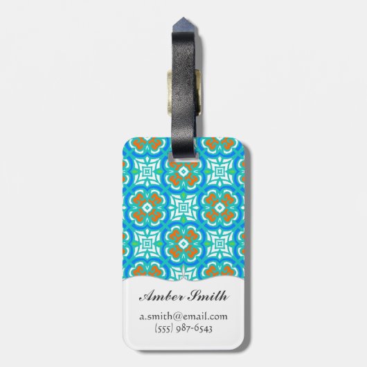 Blauwgroen etnisch patroon bagagelabel (Achterkant verticaal)