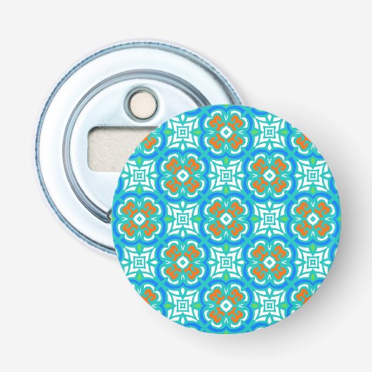 Blauwgroen etnisch patroon button flesopener (Voorkant)