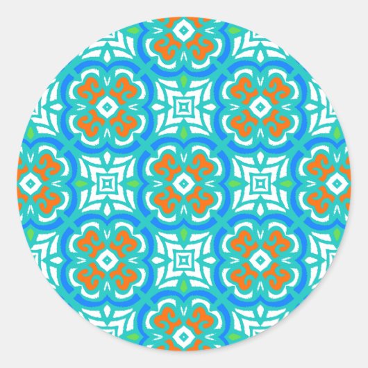 Blauwgroen etnisch patroon ronde sticker (Voorkant)