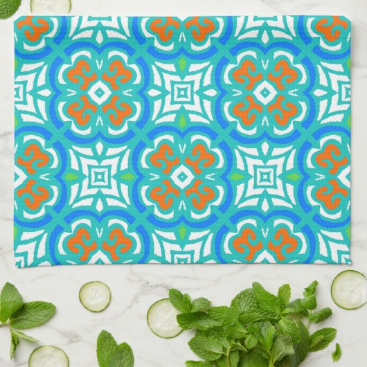 Blauwgroen etnisch patroon theedoek (Gevouwen)