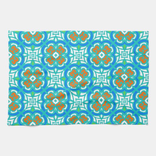 Blauwgroen etnisch patroon theedoek (Horizontaal)