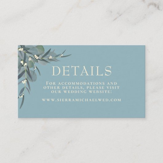 Blauwgroen | Eucalyptus Botanische bruiloft Detail Informatiekaartje (Voorkant)
