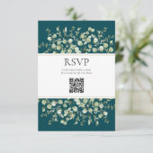 Blauwgroen Eucalyptus QR Code Huwelijk RSVP Informatiekaartje (Staand voorkant)