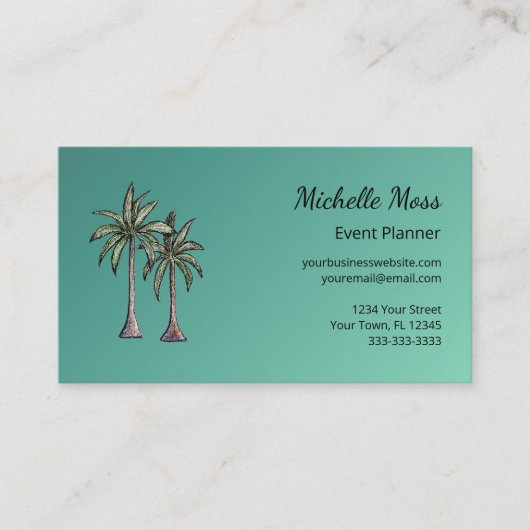 Blauwgroen evenementenplanner voor tropische palmb visitekaartje (Voorkant)