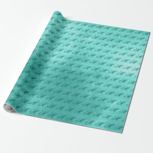 Blauwgroen Fancy Monogram Glanzende Turquoise Faux Cadeaupapier (Uitgerold)
