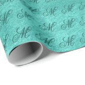 Blauwgroen Fancy Monogram Glanzende Turquoise Faux Cadeaupapier (Rol Hoek)