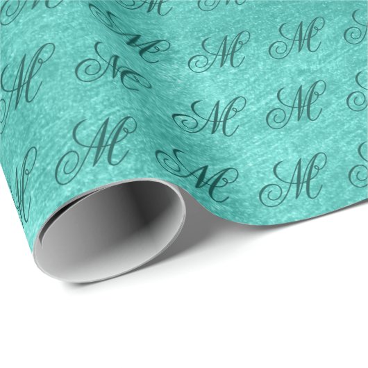 Blauwgroen Fancy Monogram Glanzende Turquoise Faux Cadeaupapier (Rol Hoek)