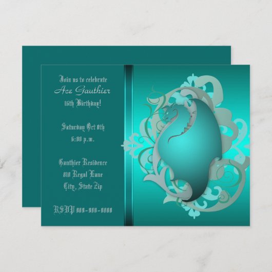 Blauwgroen Fantasy Dragon Birthday Party nodigt ui Kaart (Voorkant / Achterkant)