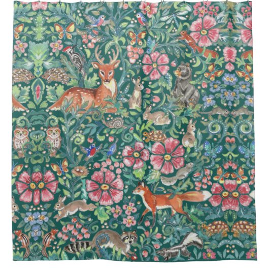 Blauwgroen Fantasy Forest Woodland Dierlijke  Flor Douchegordijn (Voorkant)