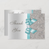 Blauwgroen Faux Bow Silver Diamonds Dank u Bedankkaart (Voorkant / Achterkant)