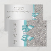 Blauwgroen Faux Bow Silver Diamonds RSVP Kaartje (Voorkant / Achterkant)