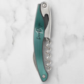 Blauwgroen Faux Brushed Metal Monogram Script Kurkentrekker (Achterkant)