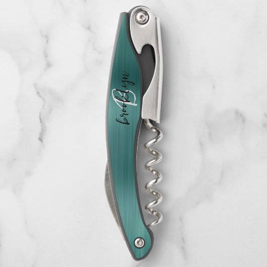 Blauwgroen Faux Brushed Metal Monogram Script Kurkentrekker (Achterkant)