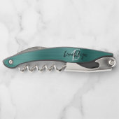 Blauwgroen Faux Brushed Metal Monogram Script Kurkentrekker (Achterkant)