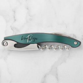 Blauwgroen Faux Brushed Metal Monogram Script Kurkentrekker