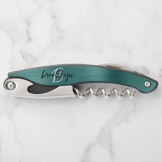 Blauwgroen Faux Brushed Metal Monogram Script Kurkentrekker (Voorkant)