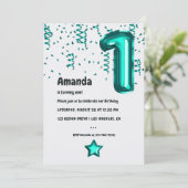 Blauwgroen Faux-Folie ballon 1e verjaardag Kaart (Staand voorkant)