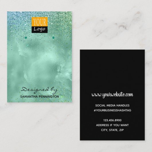 Blauwgroen Faux-Folie en -glitter voor beeldscherm Visitekaartje (Voorkant / Achterkant)