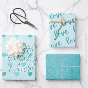 Blauwgroen Faux Folie Hearts Love Script Turkooi Inpakpapier Vel