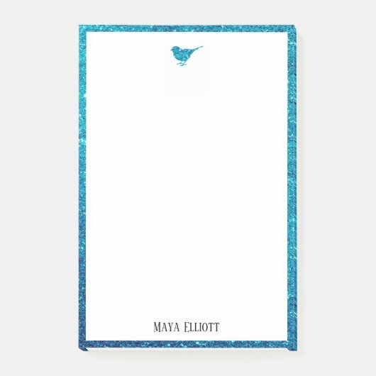 Blauwgroen Faux Glitter Bird & Border op Wit Post-it® Notes (Voorkant)