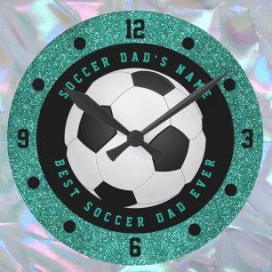 Blauwgroen Faux Glitter Soccer Dad Voetbal Clock Ronde Klok